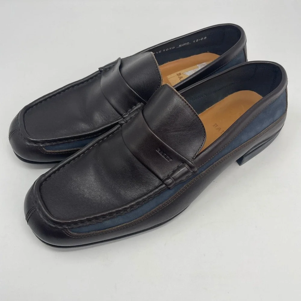 Bally Rumo Men 10.5 D Brown Leather Navy Suede Preppy Penny Loafers Italian Made